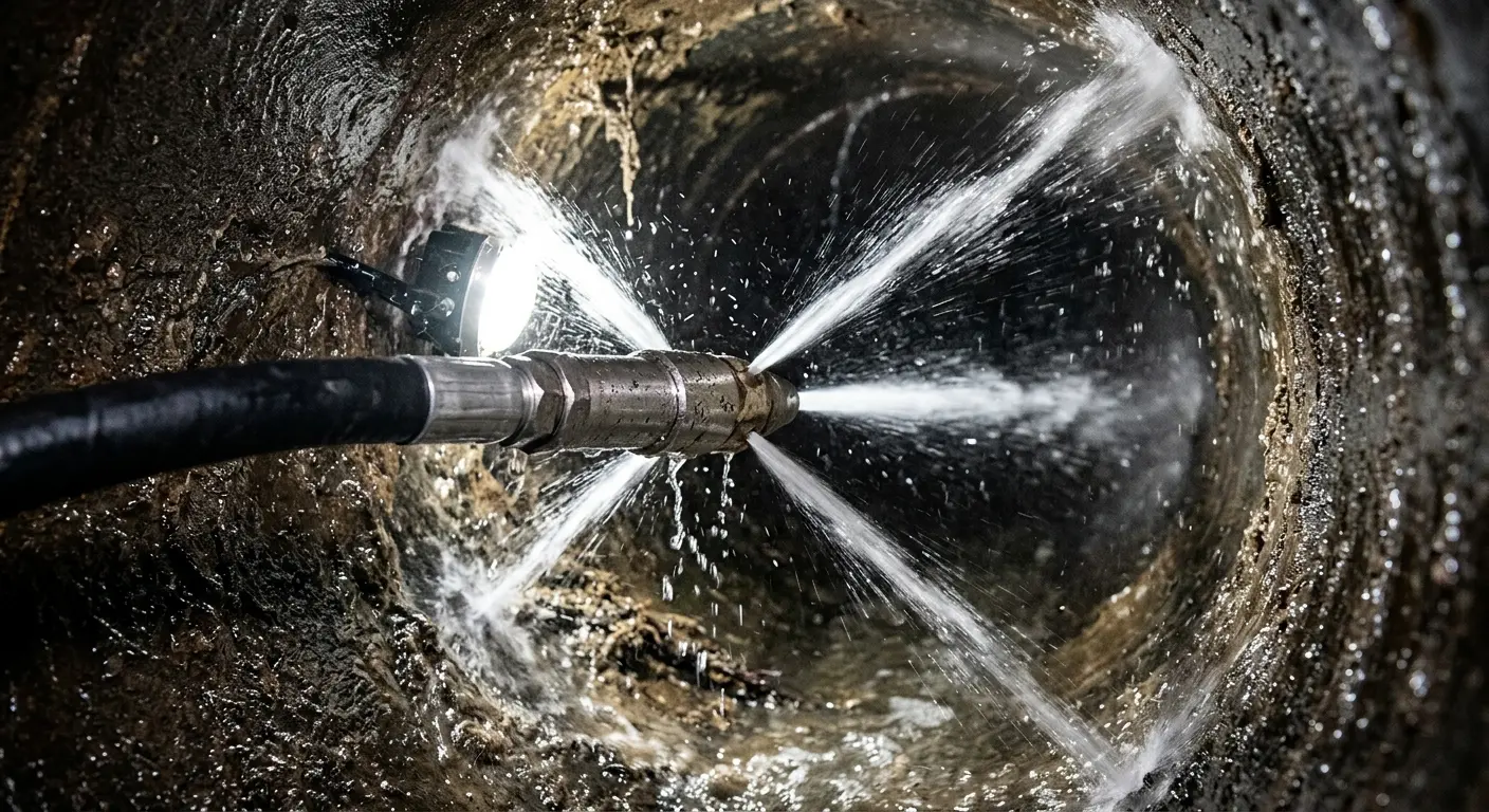 High-pressure hydro jetting nozzle cleaning sewer pipe for Trenchless Sewer Repair in Southlake