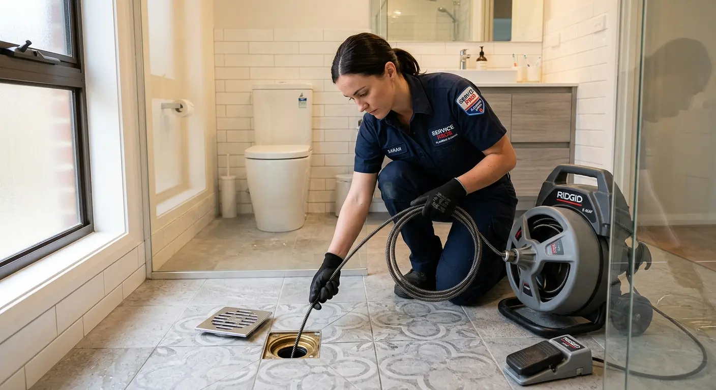 Technician clearing a bathroom floor drain for Clogged Drain Repair in Southlake